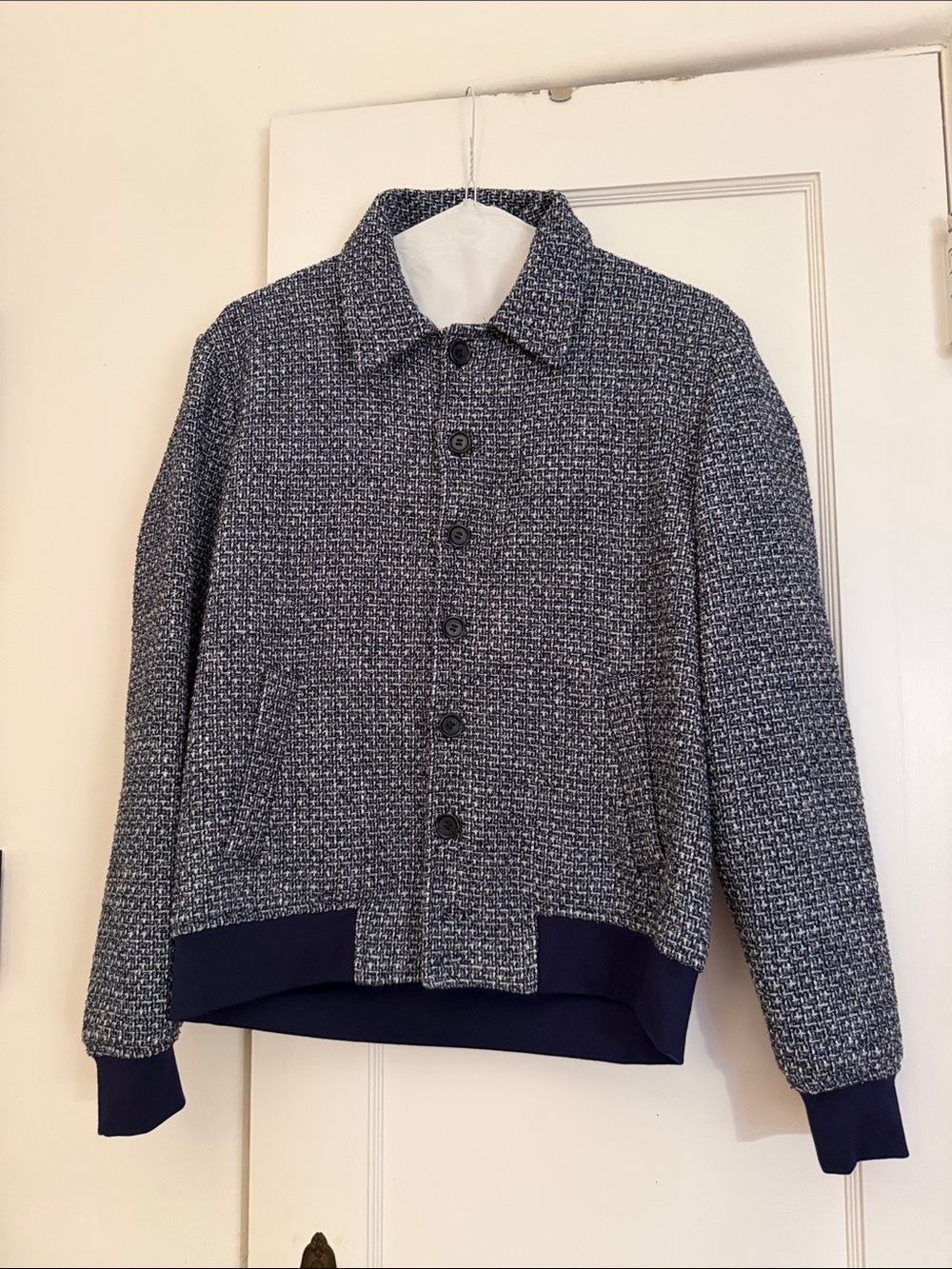 Men's Navy Tweed Button Bomber Jacket